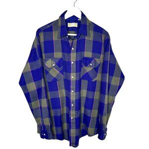 Vintage 70s 80s Men's Green & Blue Plaid Button-Up Shirt, Super Soft, Size LT
